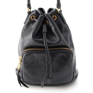 Prada Glace Calf Logo Embossed Drawstring Bucket Bag black leather